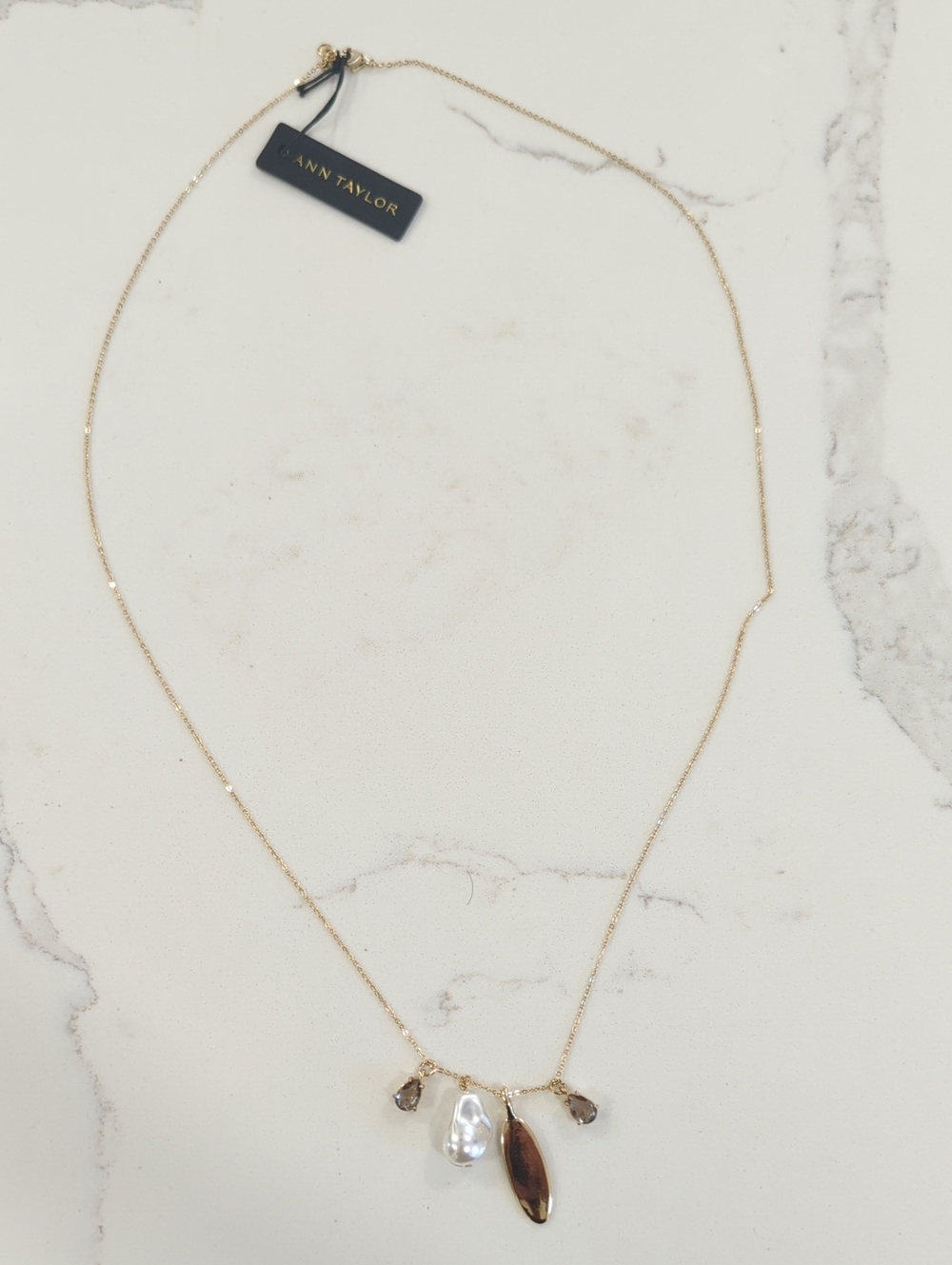 Ann Taylor Gold Tone Necklace with Pearl and Brown Stone Charms